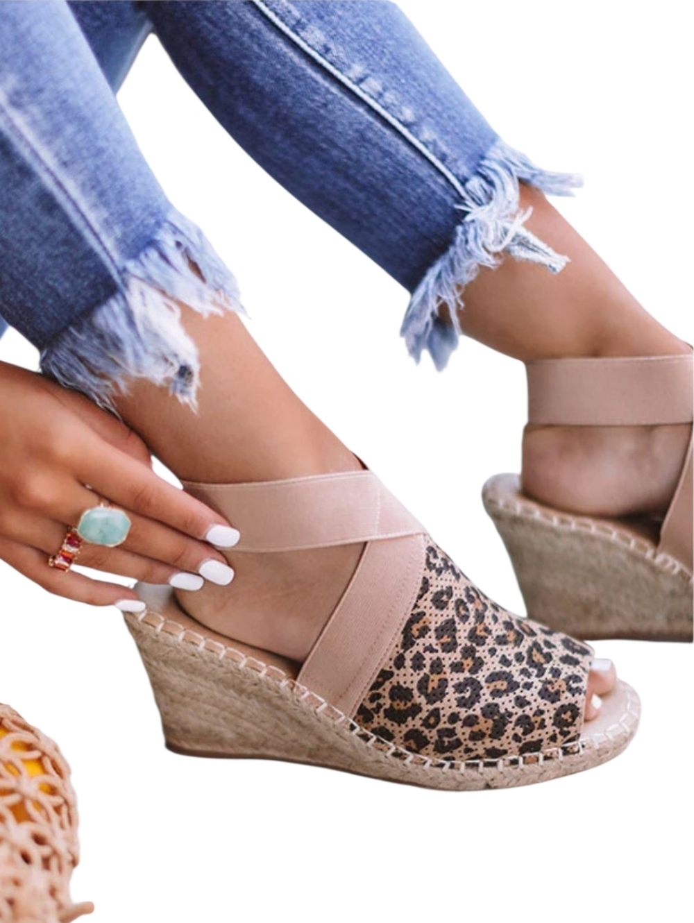 Vintage 7 Eight Leopard Espadrille Wedge with Sand Cross Straps